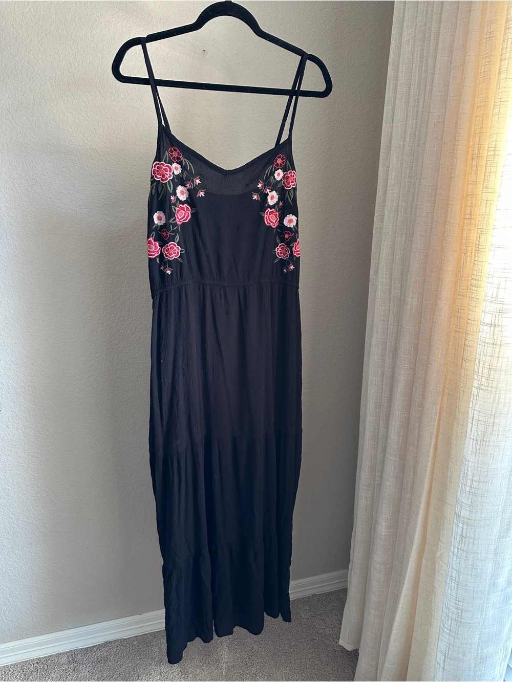 Black Maxi Slip Dress with Pink Rose Embroidery
